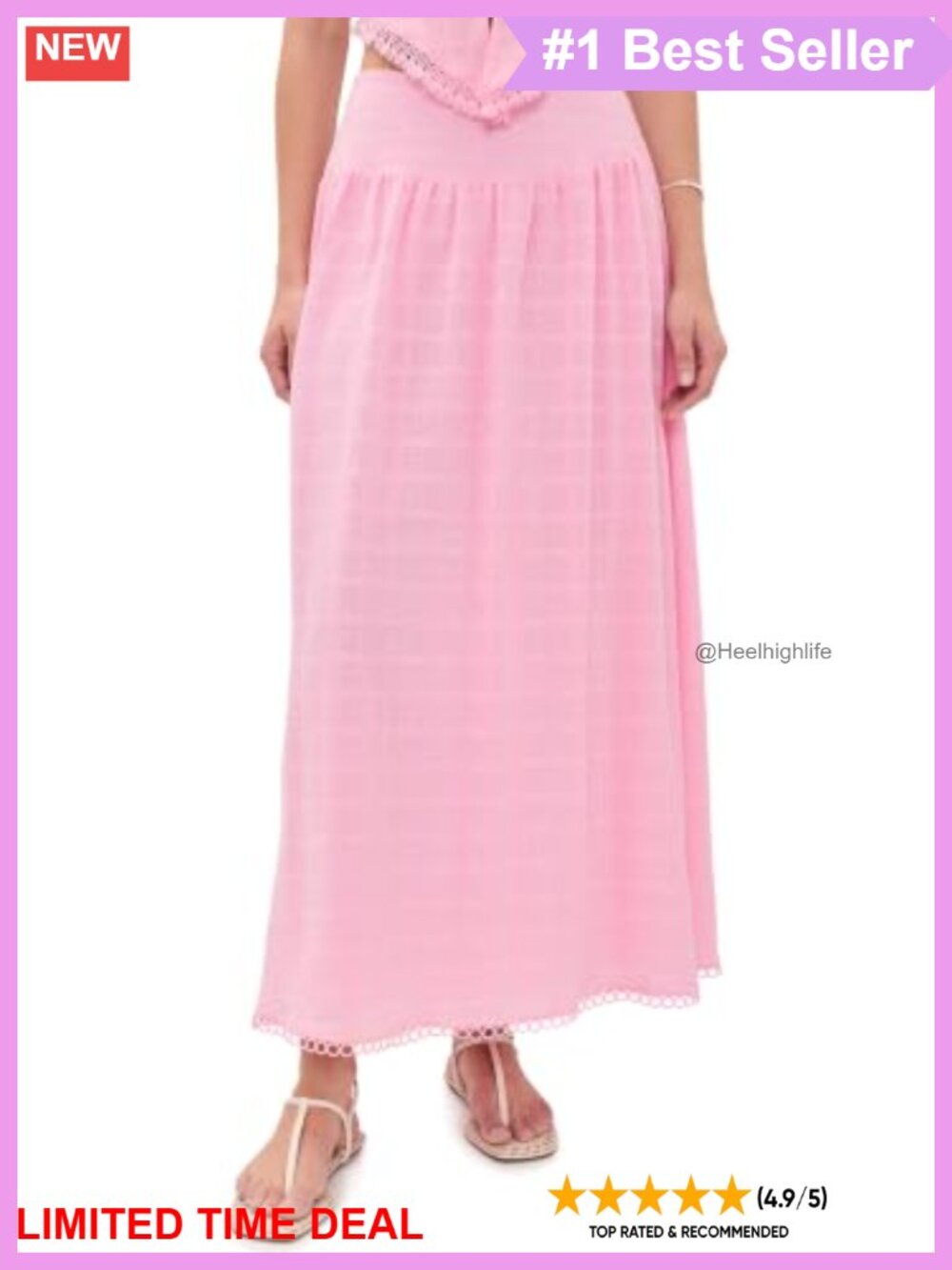 Linen Maxi Skirt with Embroidered Hem, Lightweight No Stretch